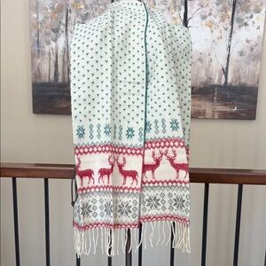 NEW 100% Cashmere Red Green Cream Grey Nordic Fringe Winter Scarf From Scotland